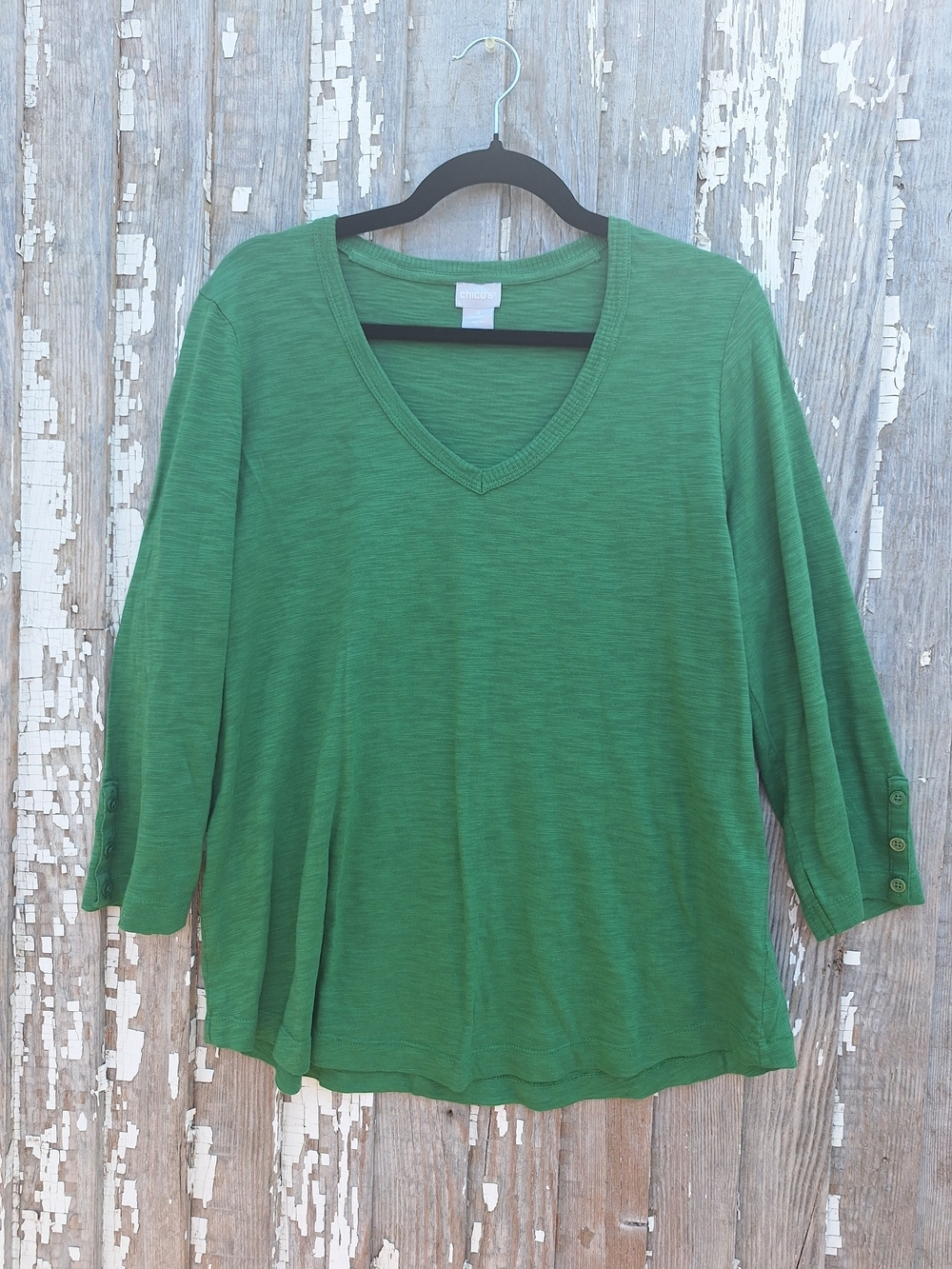 Chico's Emerald Green V-Neck 3/4 Sleeve Blouse Size 2 Large